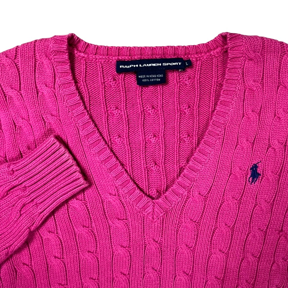 Ralph Lauren Sport Cable Knit Sweater Kids Large Pink V-Neck Cotton Pony Logo
